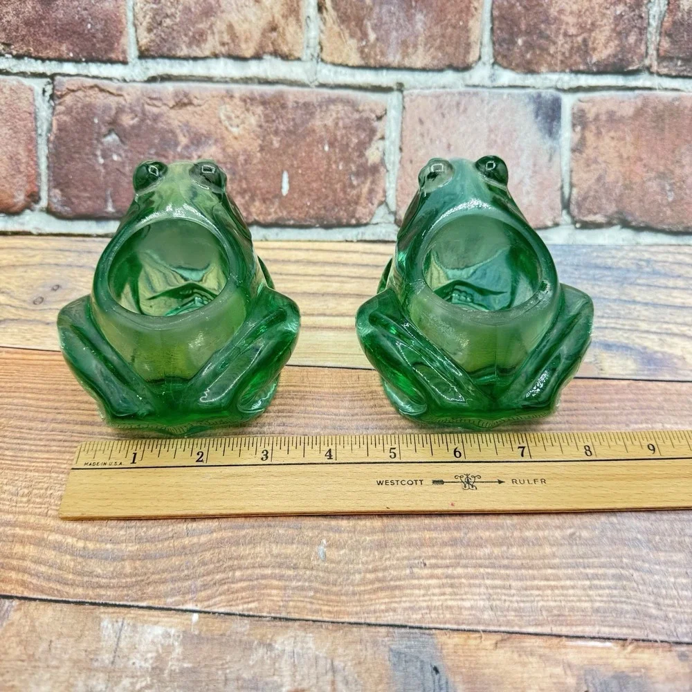 Vtg‎ 2 Indiana Glass Spanish Green Frog Votive Holders Candle Holders Pair Set